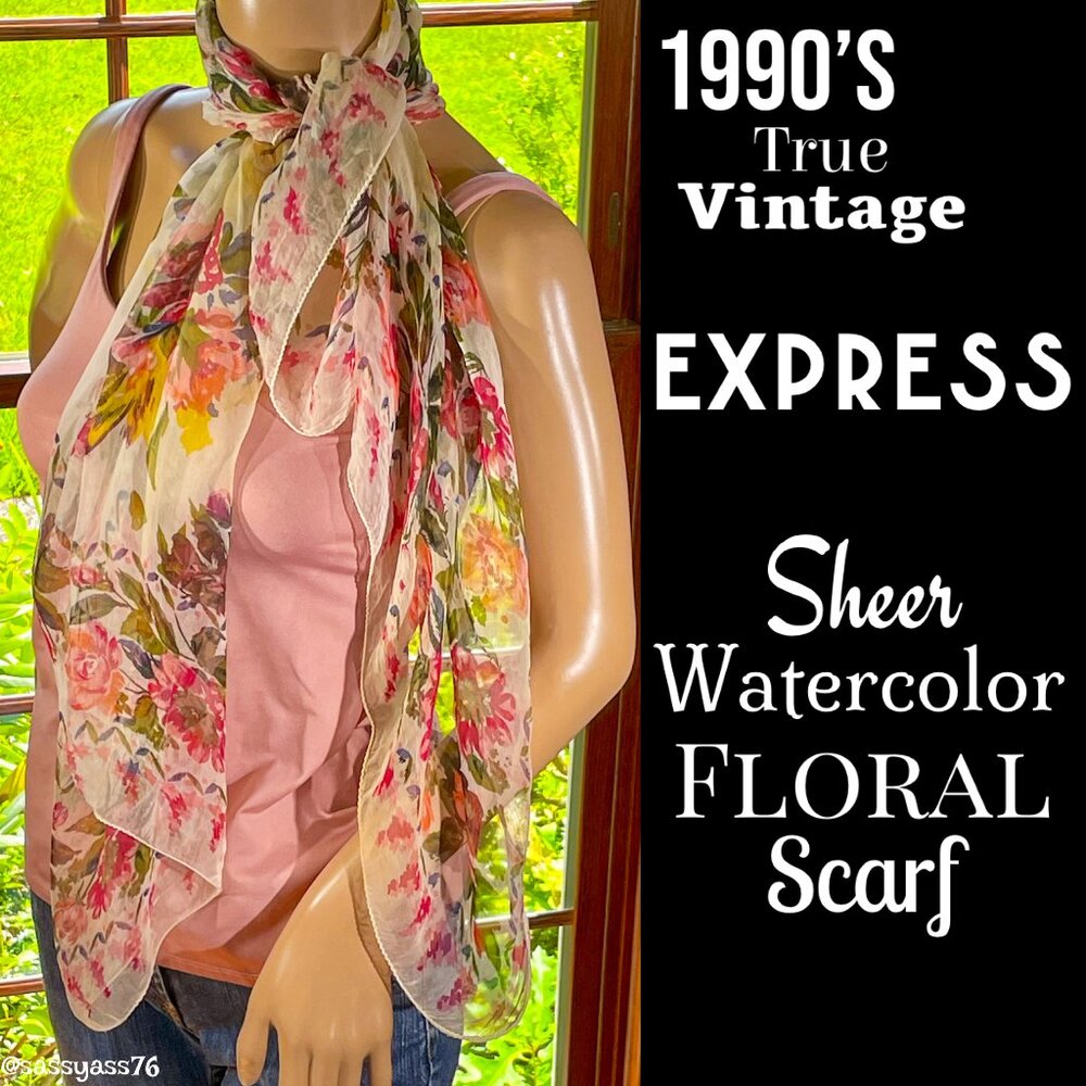 ▪️VTG▪️EXPRESS▪️1990's Sheer Crepe Watercolor Floral Scarf - Picture 1 of 5